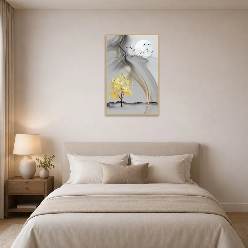 Tree and moon print enhancing the tranquility of a serene bedroom.