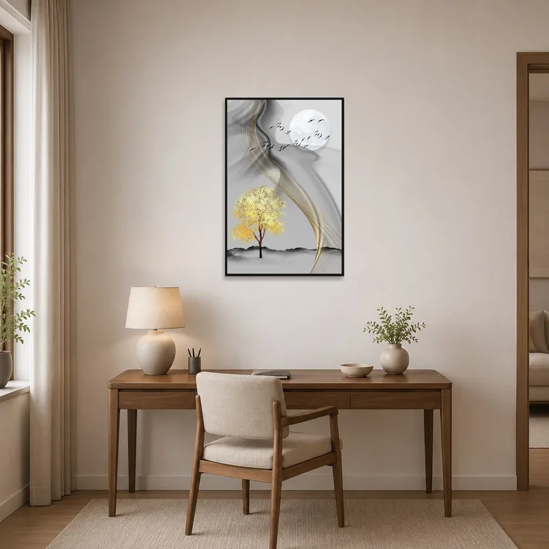 Moon and tree art print hangs in a home office near a sleek desk setup.