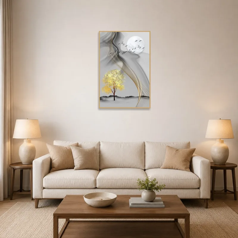 Art print of tree and moon on living room wall beside a cozy sofa.