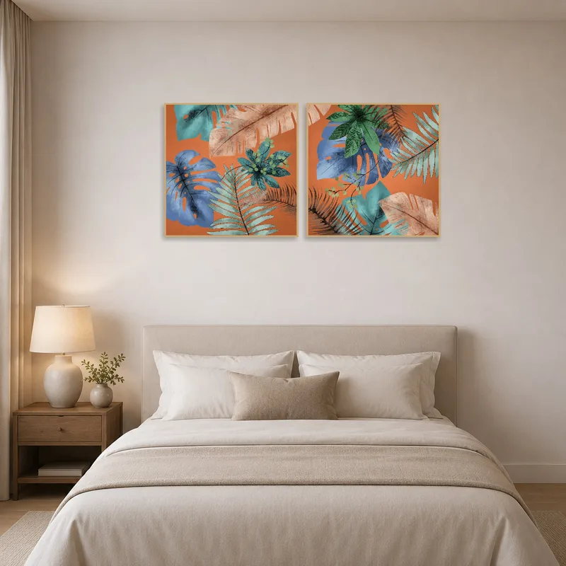 Earthy toned tropical collage set brings tranquility to a bedroom setting.