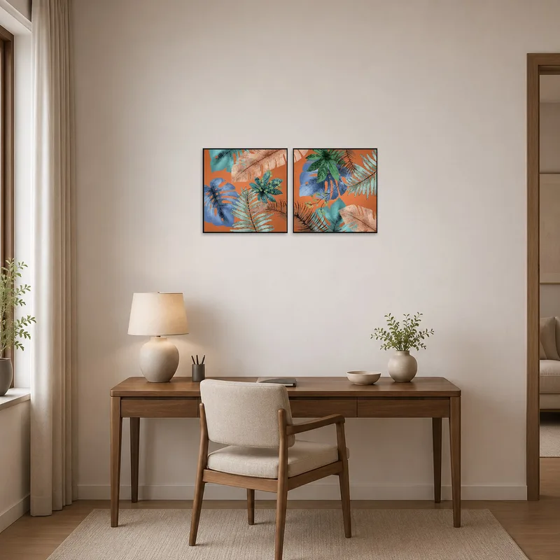 Vibrant tropical collage set enhances the ambiance of a home-office.