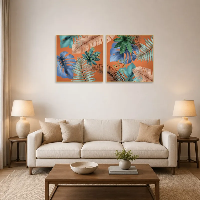 A lush tropical collage set adorns the living-room wall, adding earthy elegance.