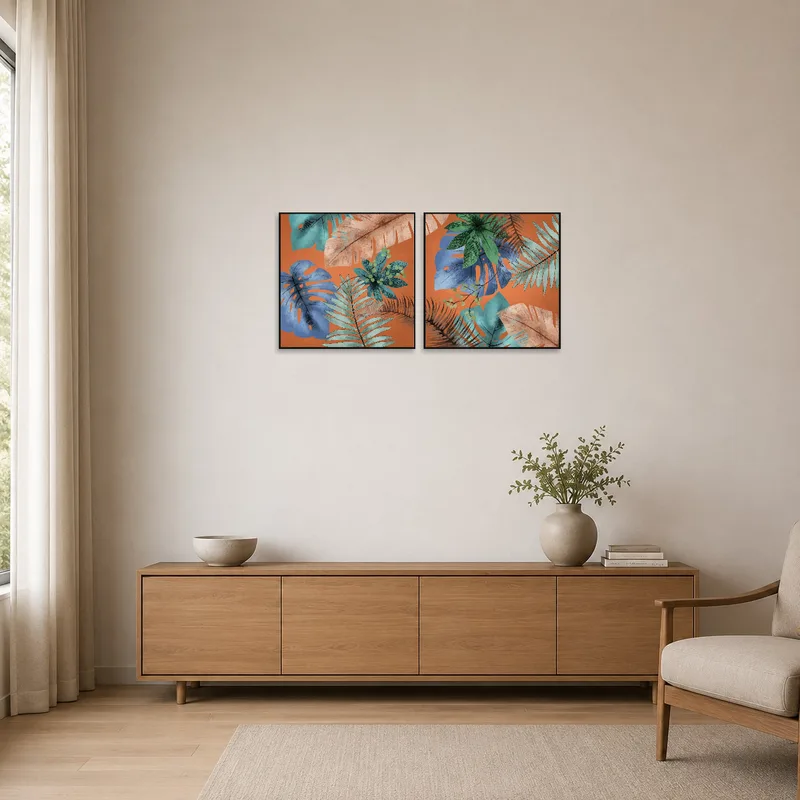Earthy toned tropical collage set adds warmth to a minimalist room's white walls.