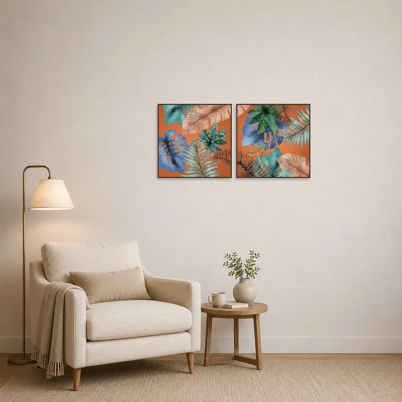 Cozy reading-corner brightened by a tropical collage set with earthy colors.