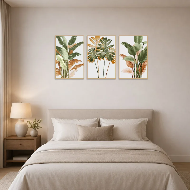 In the bedroom, tropical leaf prints bring a serene, refreshing vibe above the bed.