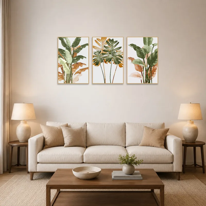 A lush tropical leaves triptych set adorns the living room wall above a modern sofa.