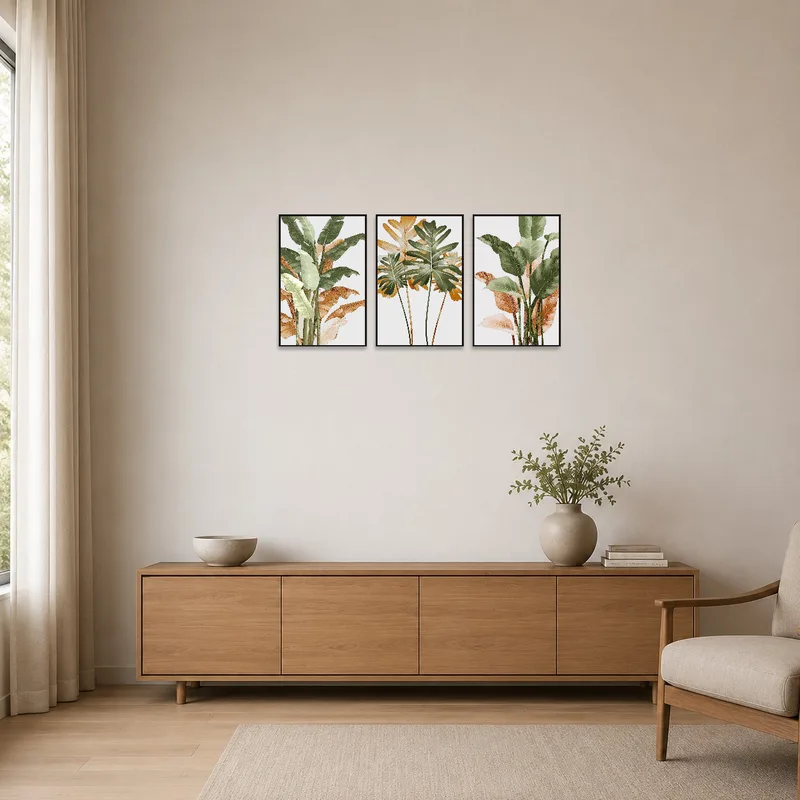 In a minimalist space, the botanical triptych adds vibrant greenery to white walls.