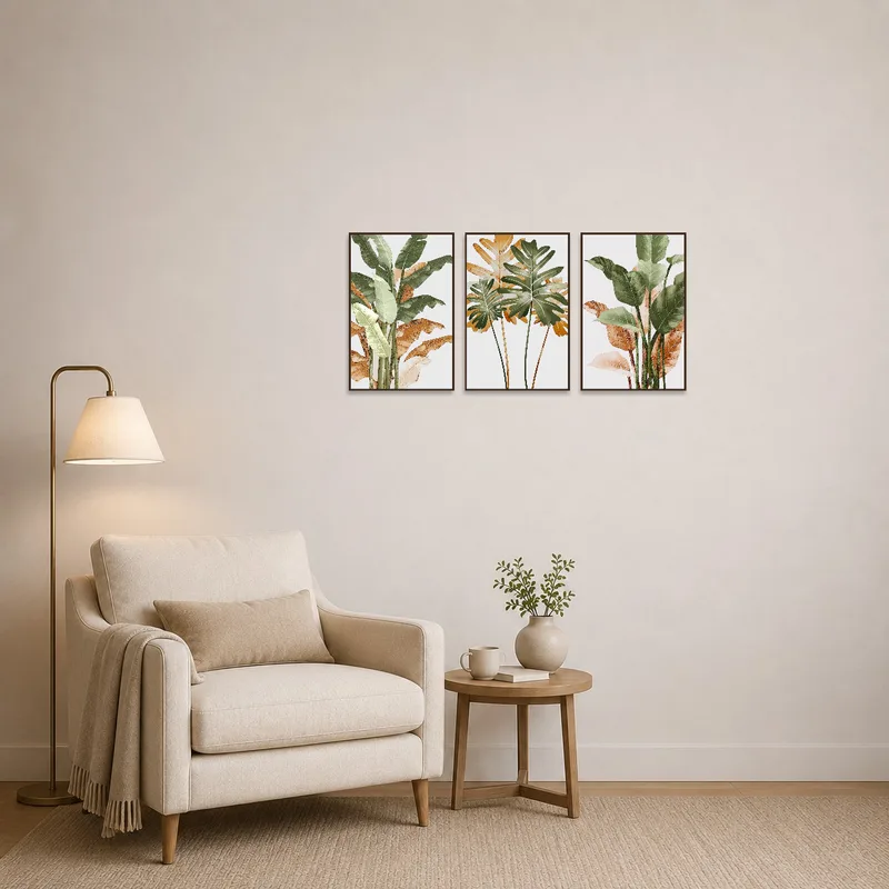 The reading corner features a tropical triptych set adding a nature-inspired touch.