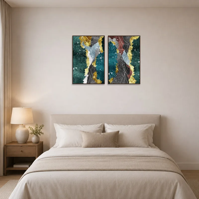 Bedroom adorned with abstract textures and golden hues, creating a calming atmosphere.