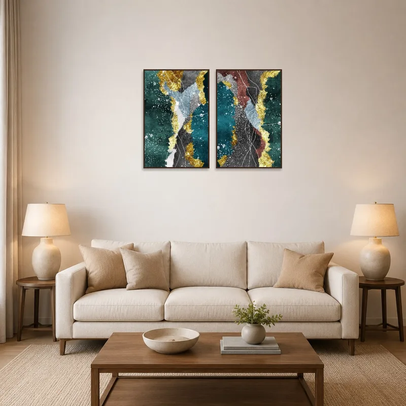 Abstract texture art with gold accents on a living room wall above a modern sofa.