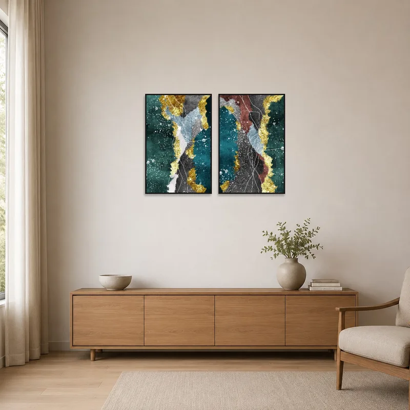 Minimalist room with abstract texture set with bold gold accents as the focal point.