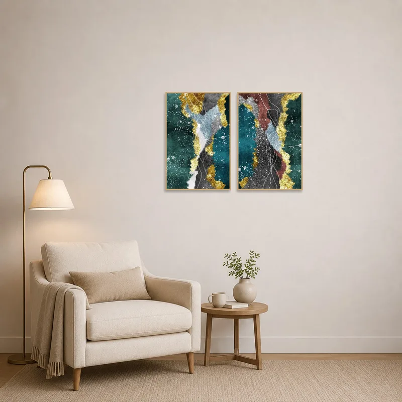 Gold-accented abstract texture art enhancing the coziness of the reading corner.