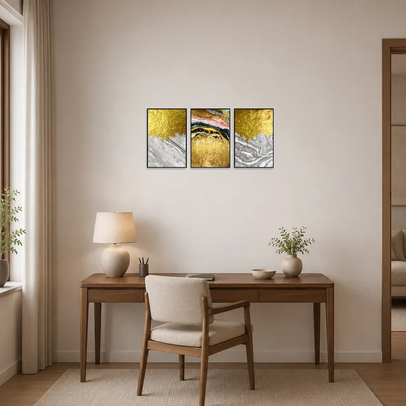 Gold and marble accented artwork inspiring creativity in a modern home office.
