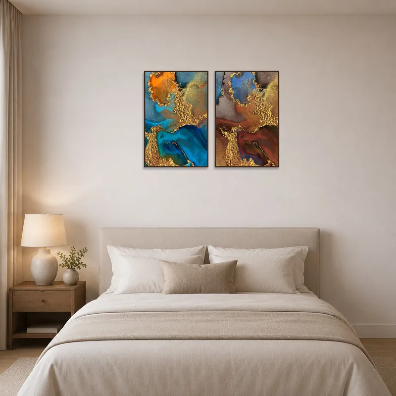 Bedroom ambience enriched by calming blue and gold abstract art set.