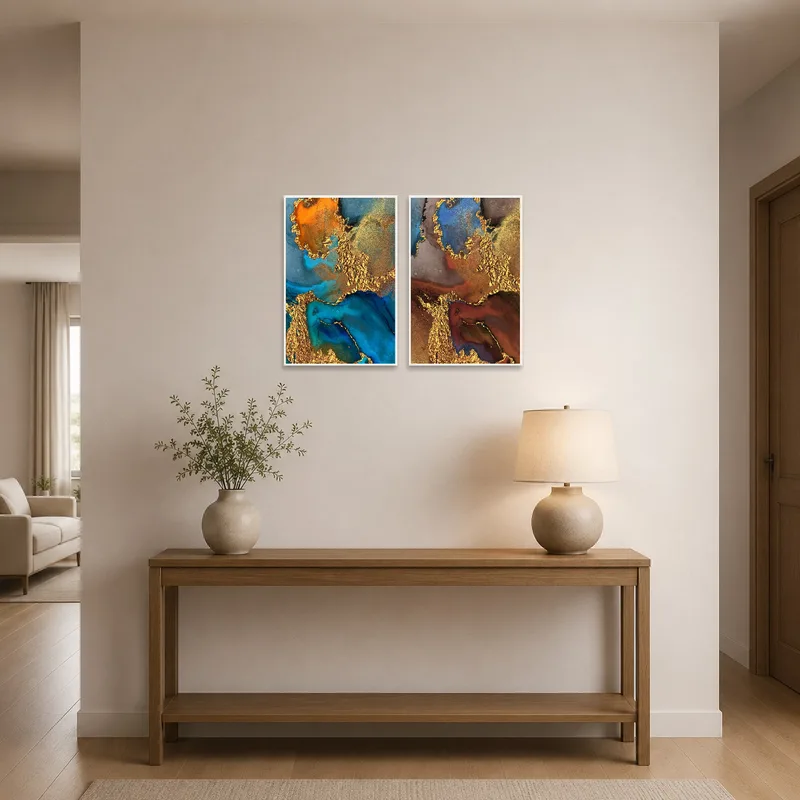 Abstract blue and gold art set welcomes guests in the entrance hall with sophistication.