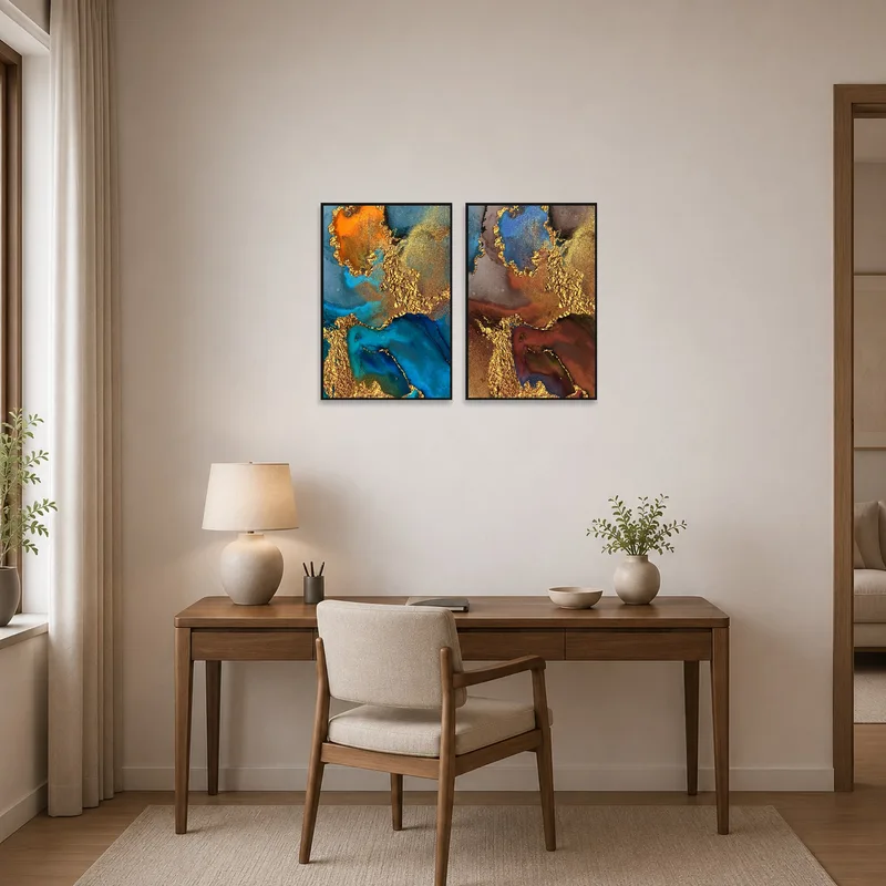 Home office elegance elevated by abstract blue and gold art set.