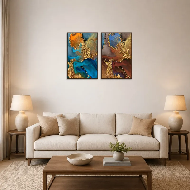 Luxurious abstract art set adds elegance to the living room with rich blue and gold tones.