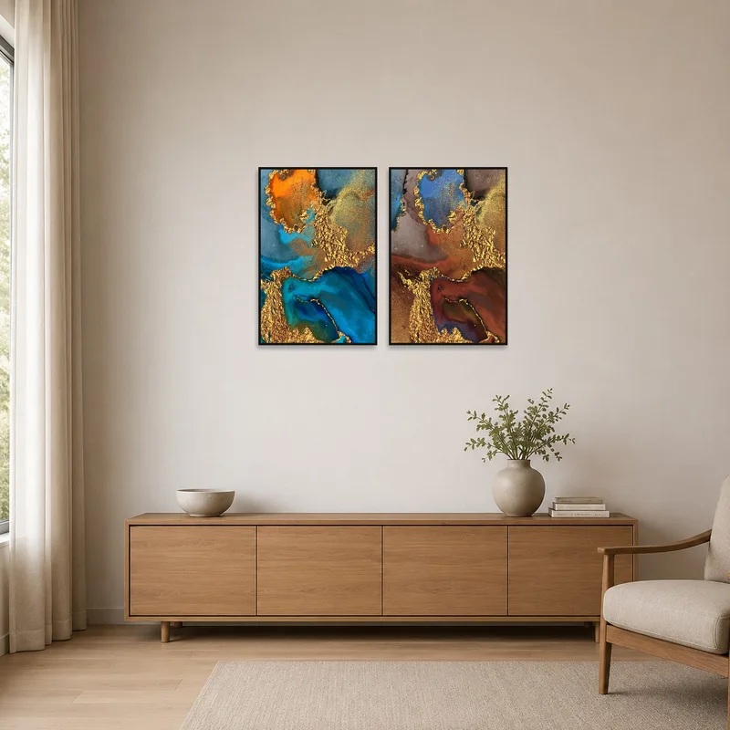 Minimalist room featuring abstract blue and gold art set as a serene focal point.