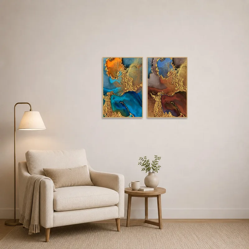 Cozy reading corner enhanced by the luxurious blue and gold art set.