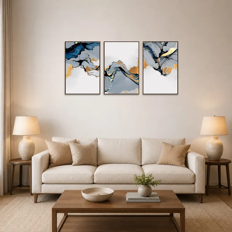 Abstract blue and gold triptych set above a modern sofa in a cozy living room.