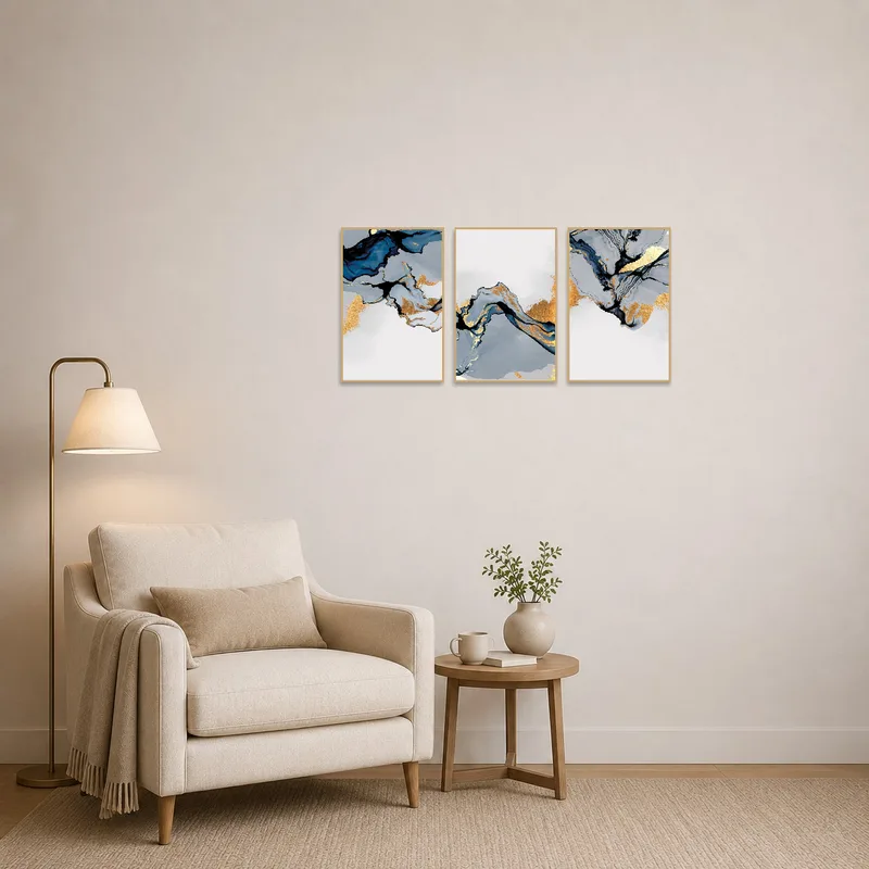 Blue and gold artwork creating a serene vibe in a reading corner.