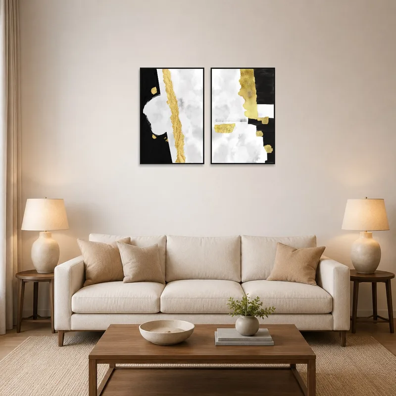 A luxurious abstract gold and black diptych artwork in a living room setting.