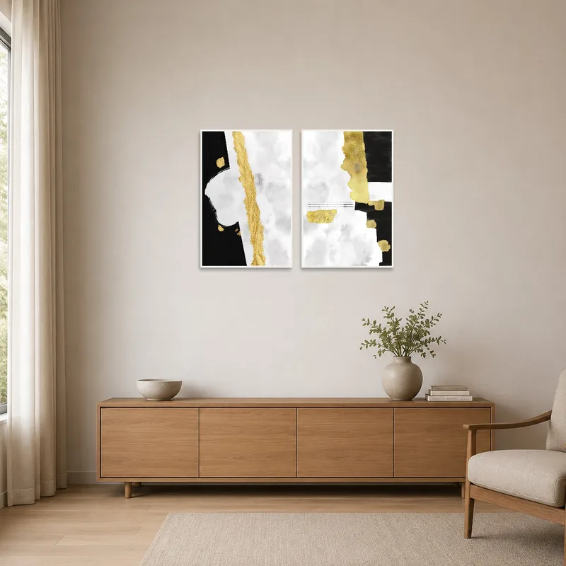 Minimalist room showcasing a gold and black diptych on a stark wall.