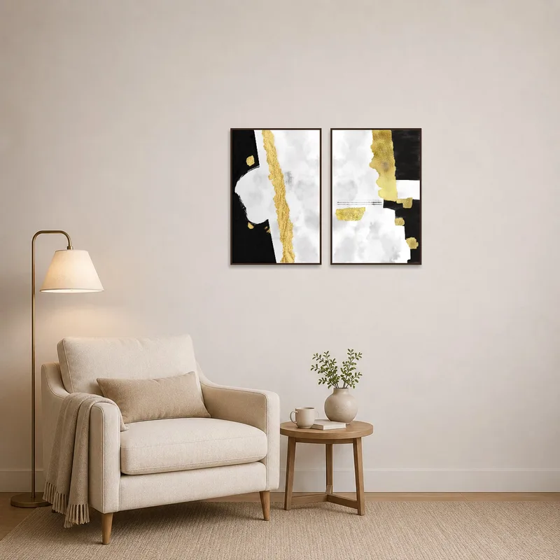 A reading corner adorned with an elegant gold and black diptych.