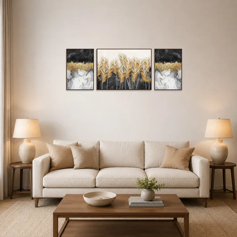Triptych set with abstract gold and black design on living room wall.