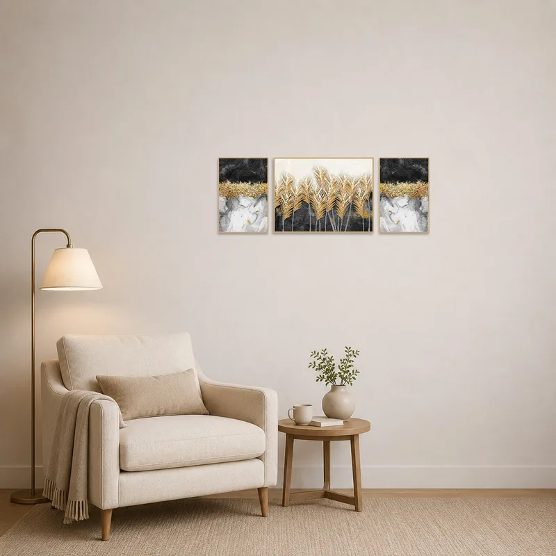Gold and black abstract triptych enhances a cozy reading corner.