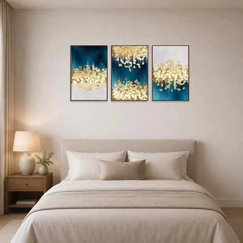 Luxurious triptych art with blue and gold colors above the bed in a serene bedroom.