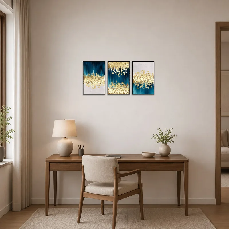 Blue and gold abstract art triptych in a stylish home office with modern furniture.