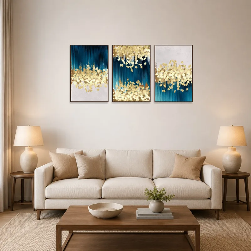 Triptych with blue and gold abstract art on a living room wall above a plush sofa.