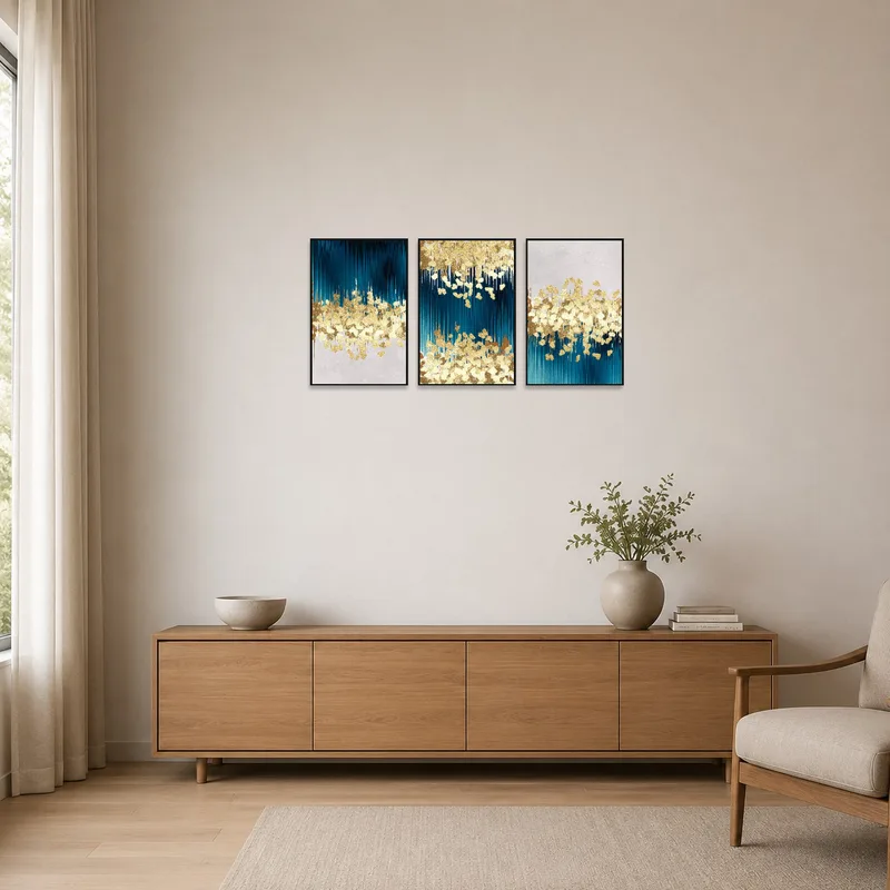Blue and gold abstract triptych in a minimalist room with sleek furniture and neutral colors.