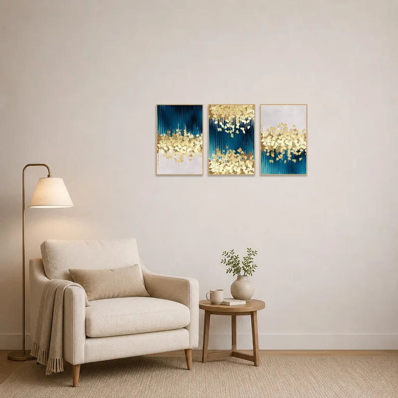 Blue and gold abstract art on a wall in a cozy reading corner with soft lighting.