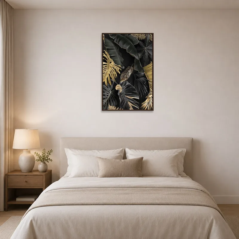 Chic bedroom with sophisticated black and gold leaves art.