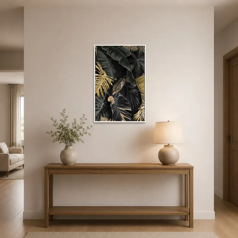Entrance hall featuring a striking black and gold leaf piece.