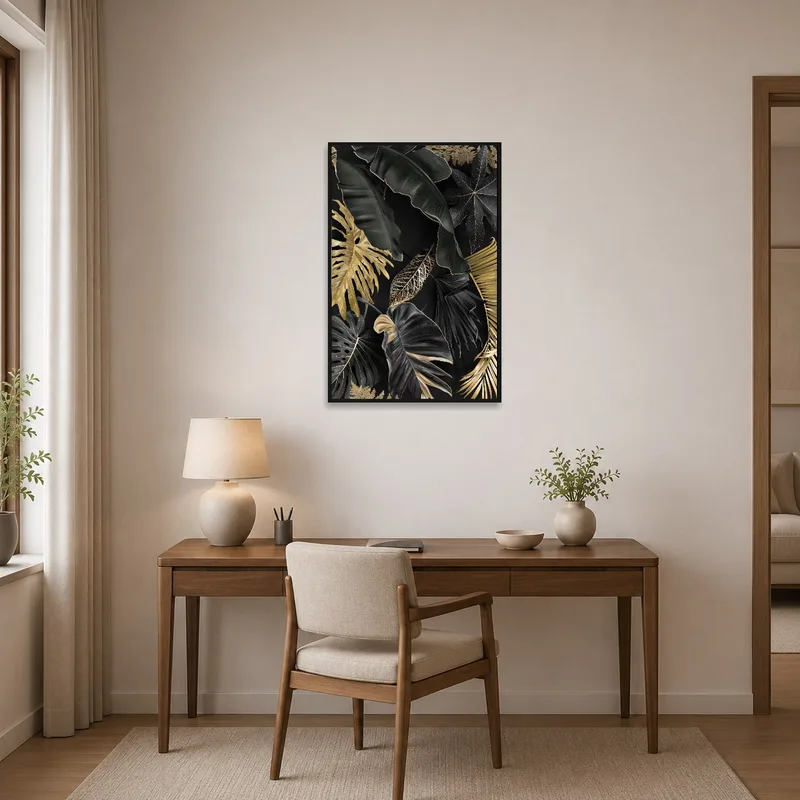 Home office enhanced by luxurious black and gold leaf design.
