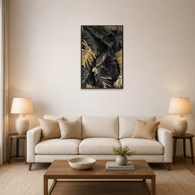 Black and gold leaves wall art in a stylish living room setting.