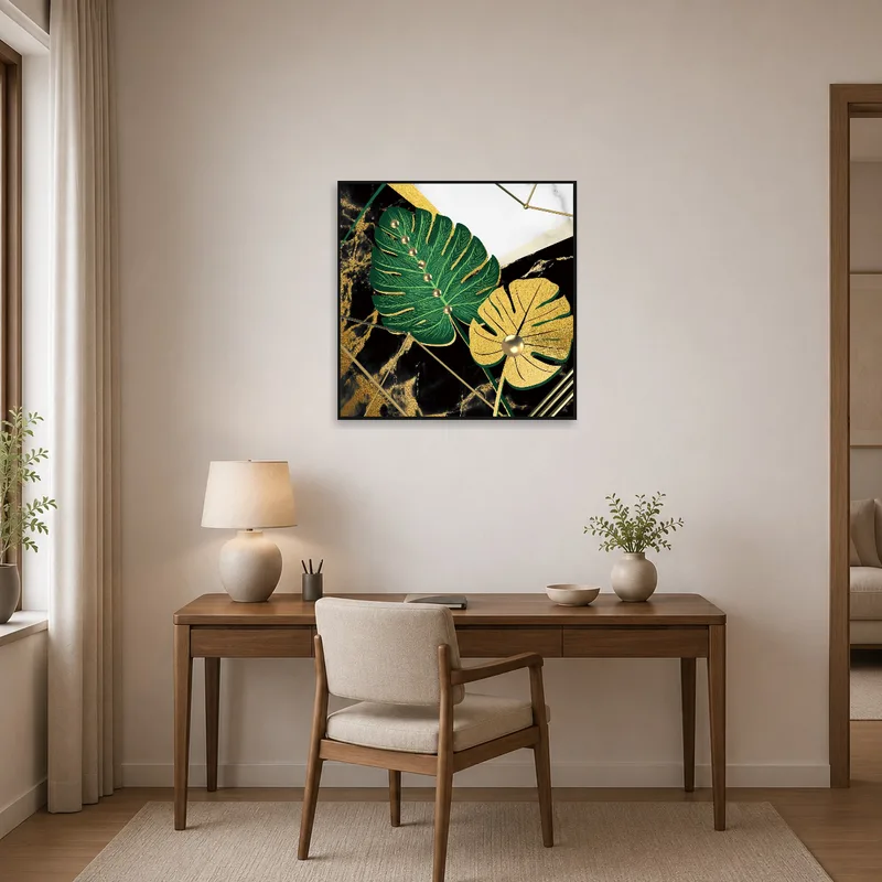 Home office gains a touch of class with a gold-accented botanical print.