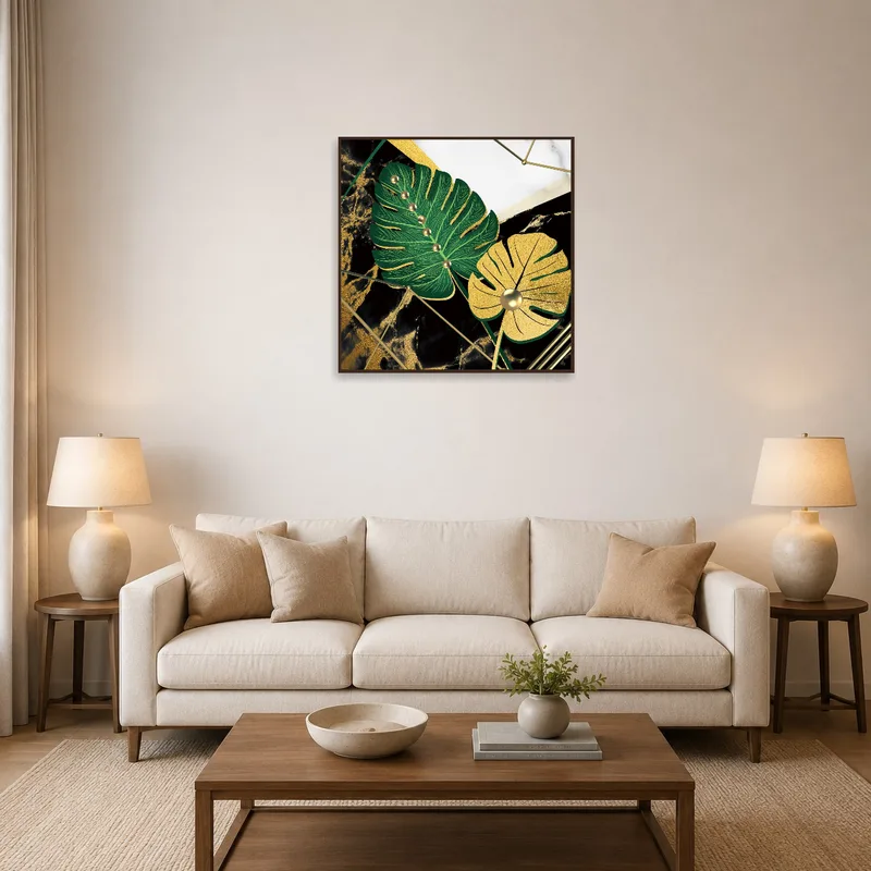 Luxurious botanical print with gold accents adorns a stylish living room wall.