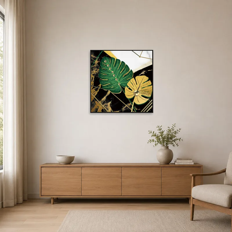 Gold-accented botanical print adds elegance to a minimalist space.