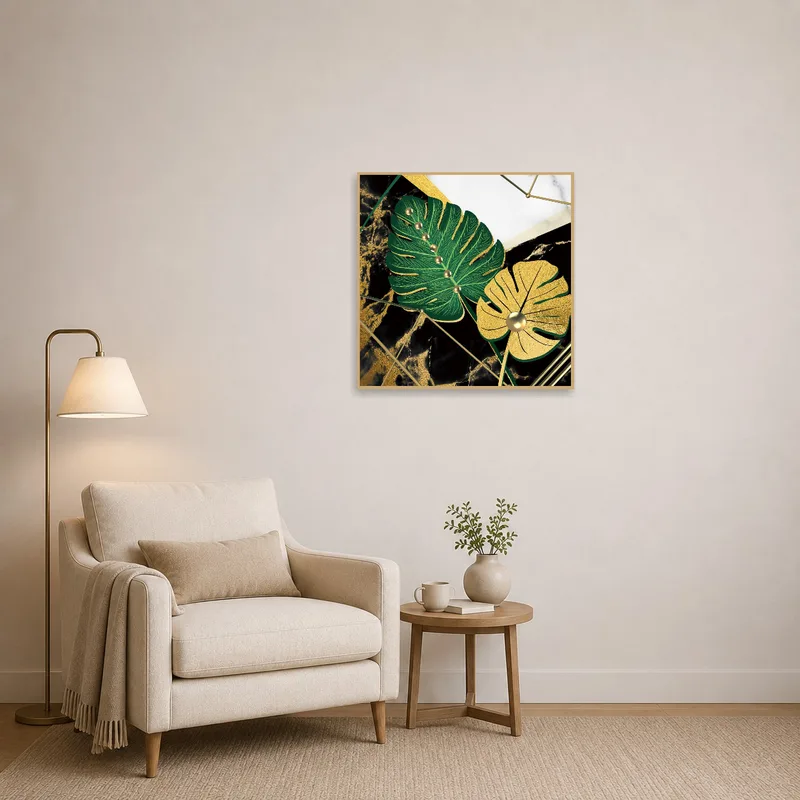 Reading corner features a botanical print with gold touches enhancing the cozy vibe.