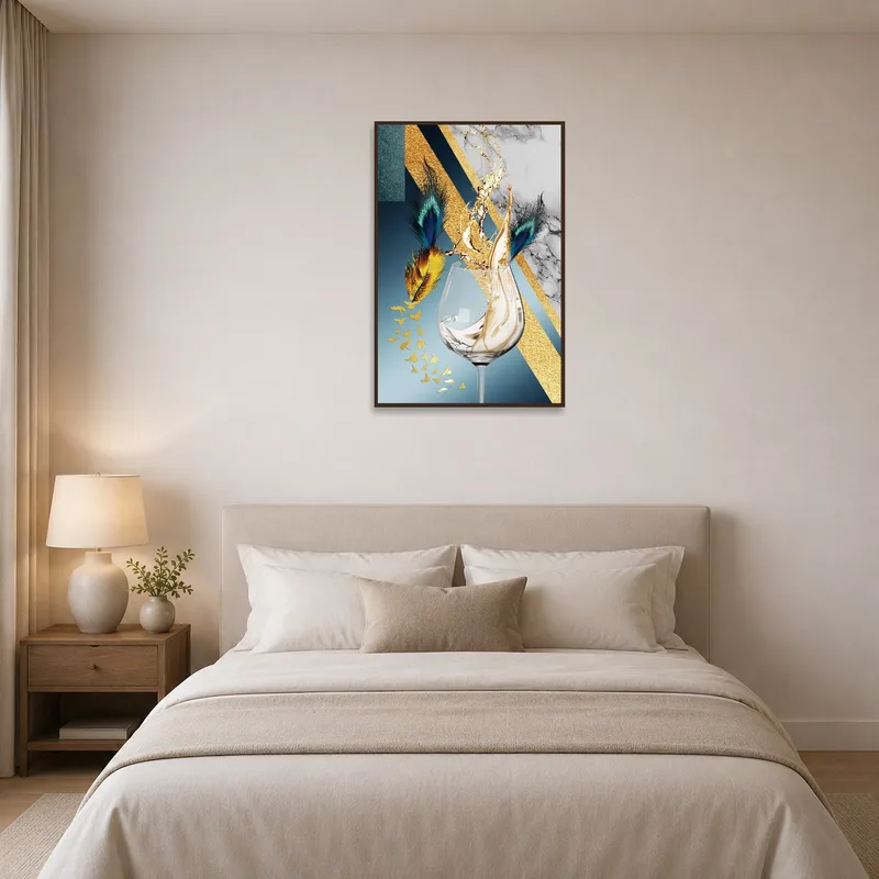 Stylish bedroom showcasing a feather and champagne burst design above the bed.