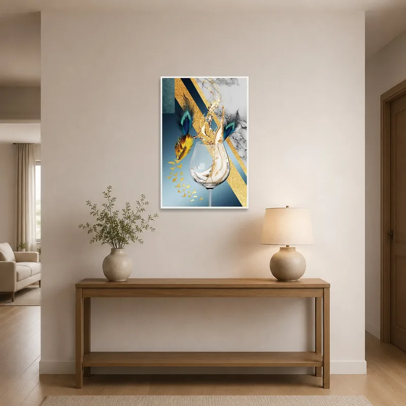 Elegant artwork of a feather and champagne burst welcoming guests in an entrance hall.