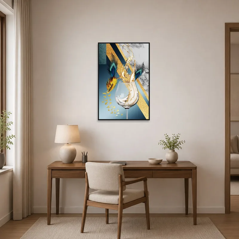 Chic home office adorned with a feather and champagne burst artwork on the wall.
