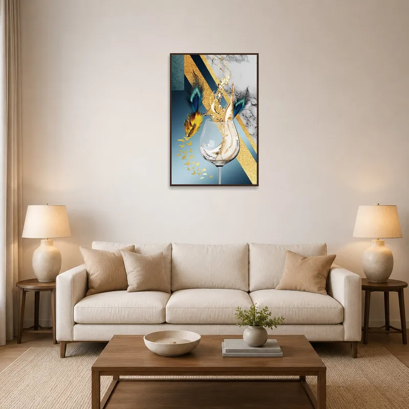 A luxurious feather and champagne burst art piece displayed in a modern living room.