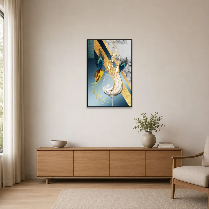 Minimalist space with a feather and champagne burst design as the focal point.