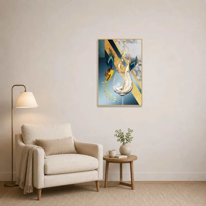 Sophisticated reading corner featuring a feather and champagne burst piece.