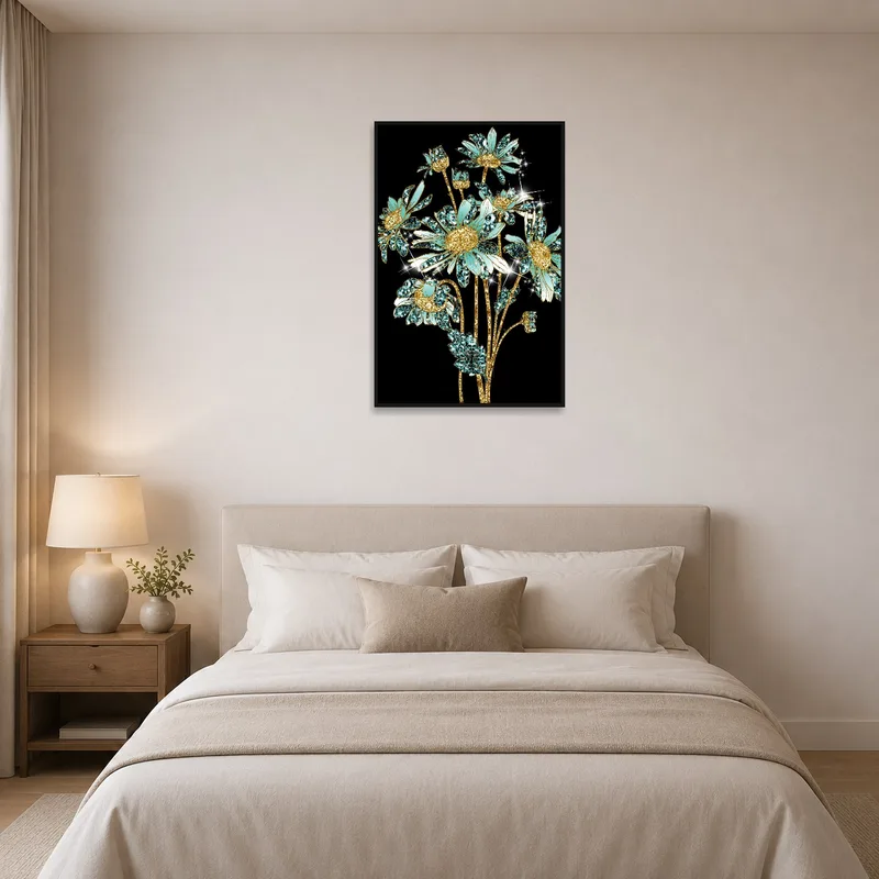 Bedroom wall highlighted by a luxurious floral artwork with shimmering gem accents.